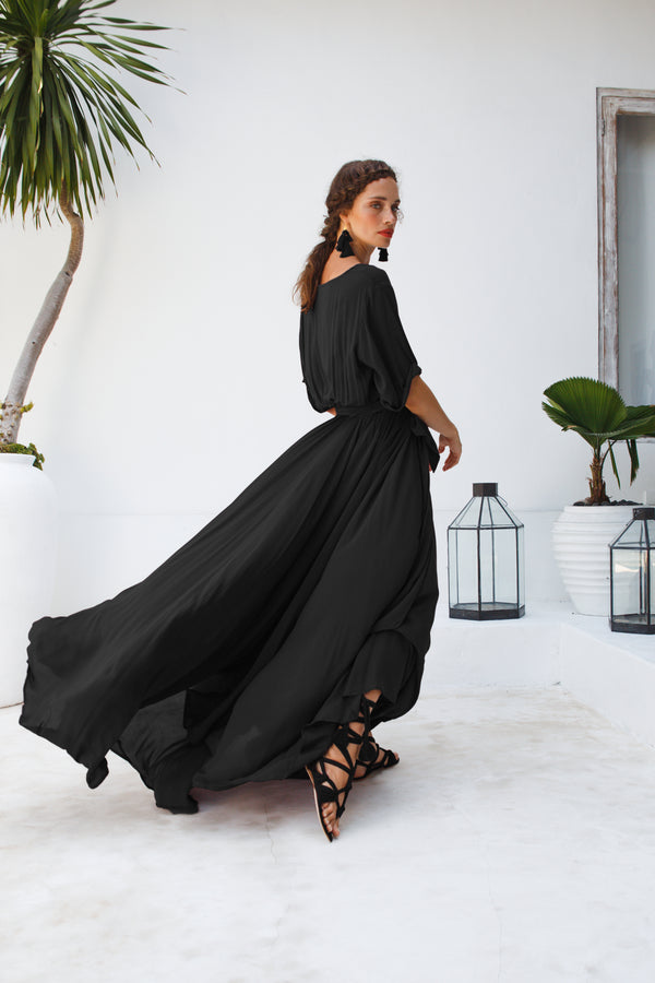 Deep v-neck maxi dress  in Black back campaign