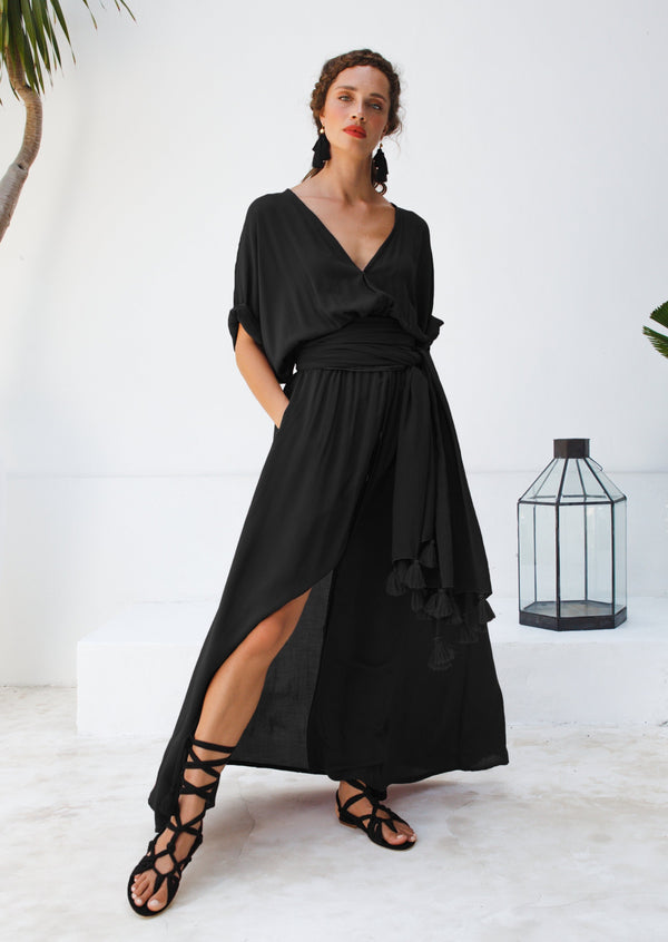 Deep v-neck maxi dress  in Black front campaign