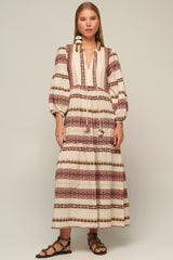 ZAKAR MAXI DRESS - WINE PRINT WITH GOLD LUREX THREAD - DELPHI FABRIC