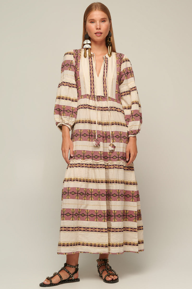 ZAKAR MAXI DRESS - WINE PRINT WITH GOLD LUREX THREAD - DELPHI FABRIC