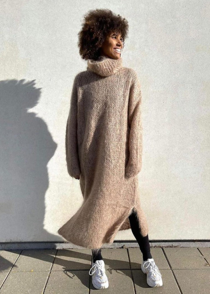 Brown knitted roll neck oversized midi long sleeve dress front