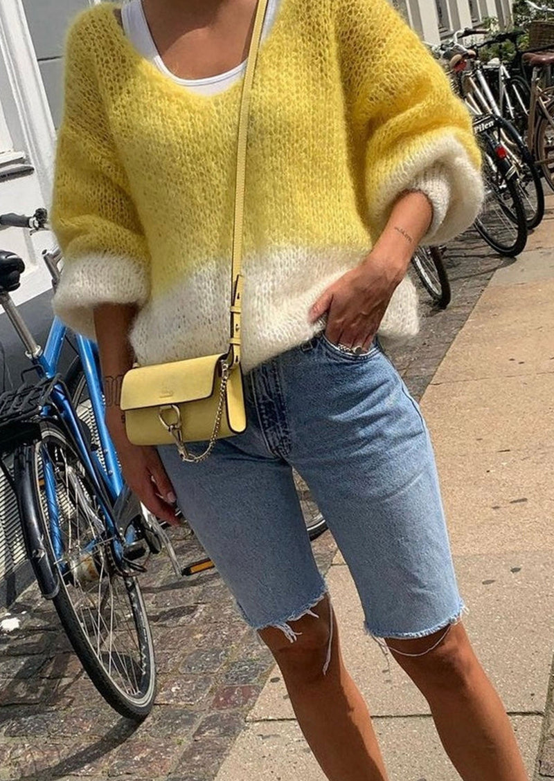 Two Tone Long Sleeve Mohair Knit Yellow and White mid styled with denim shorts side influencer