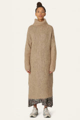 Brown knitted roll neck oversized midi long sleeve dress front wide over dress