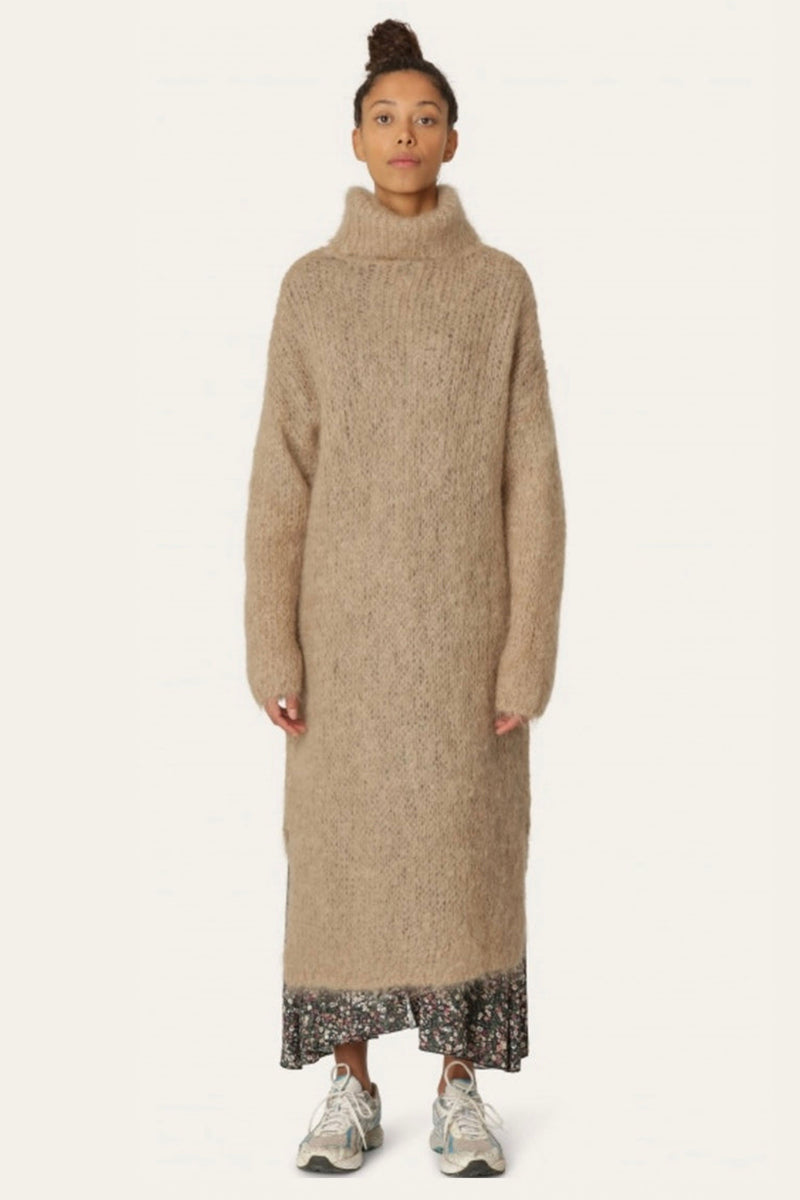 Brown knitted roll neck oversized midi long sleeve dress front wide over dress