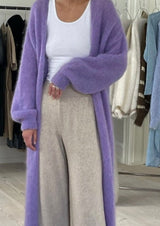 Purple Mohair Long Cardigan styled knitwear front close