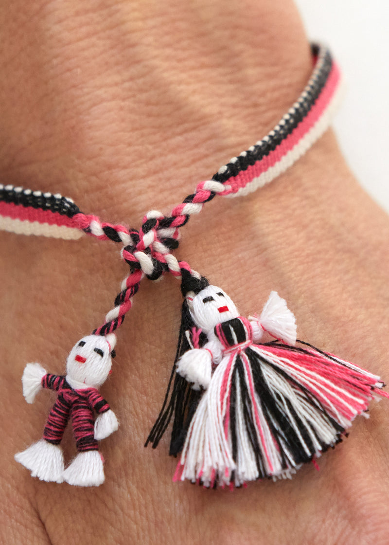 Pink, White and Black handwoven cotton wristband bracelet front