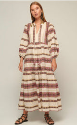 ZAKAR MAXI DRESS - WINE PRINT WITH GOLD LUREX THREAD - DELPHI FABRIC