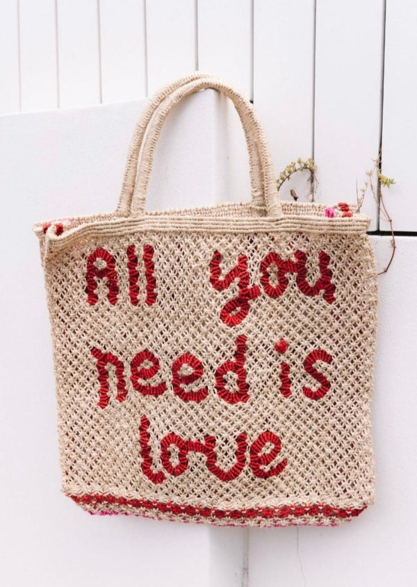 Large Jute Bag All You Need Is Love red