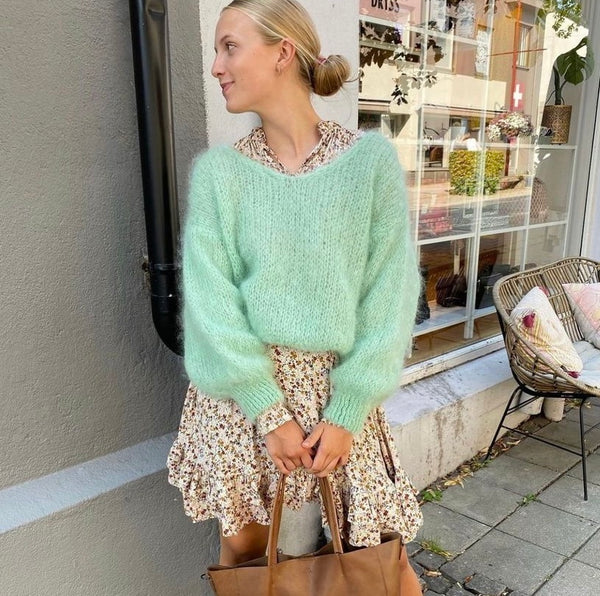 Long Sleeve Mohair Knit Light Green styled over dress influencer