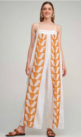 Cotton jumpsuit in white with geometric tan pattern front wide 2