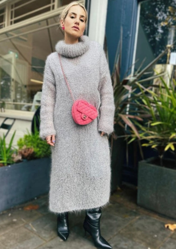 Grey knitted roll neck oversized midi long sleeve dress styled