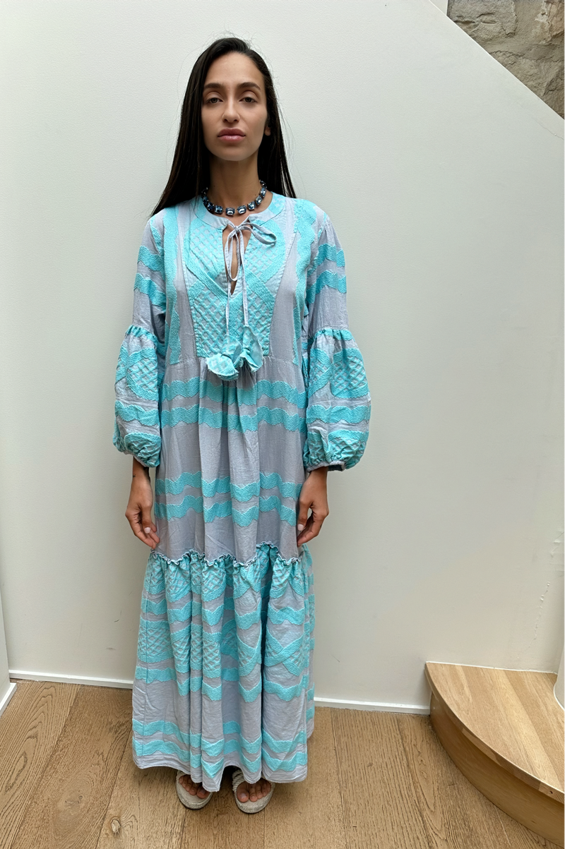 100% cotton long sleeve maxi dress in aqua front wide 2