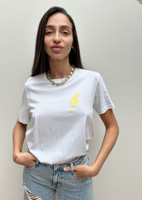 Yellow STACKABLE NECKLACE styled with white t-shirt front