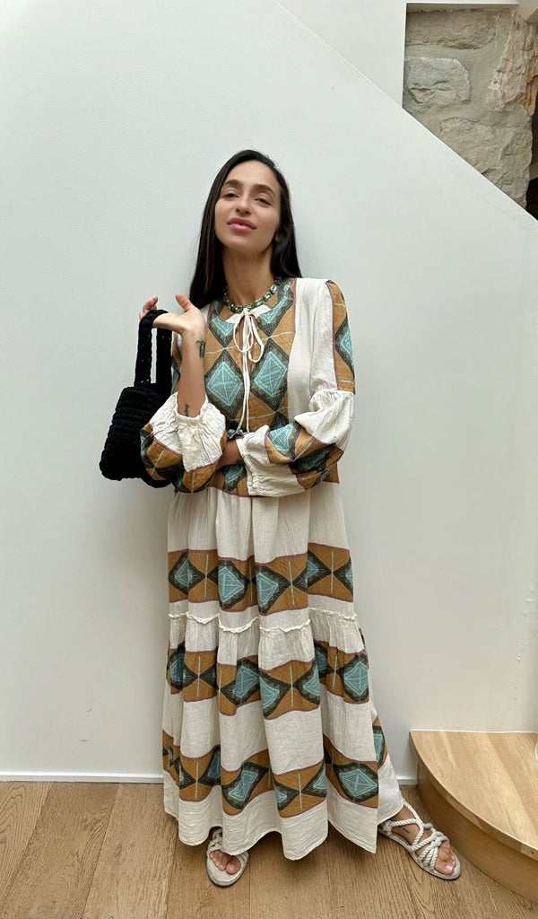 ZAKAR MAXI DRESS- KYTHOS FABRIC - WHITE/TAN/AQUA - Cie Cie + Co
