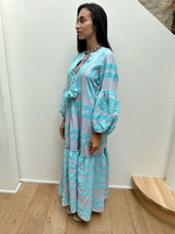 100% cotton long sleeve maxi dress in aqua side wide