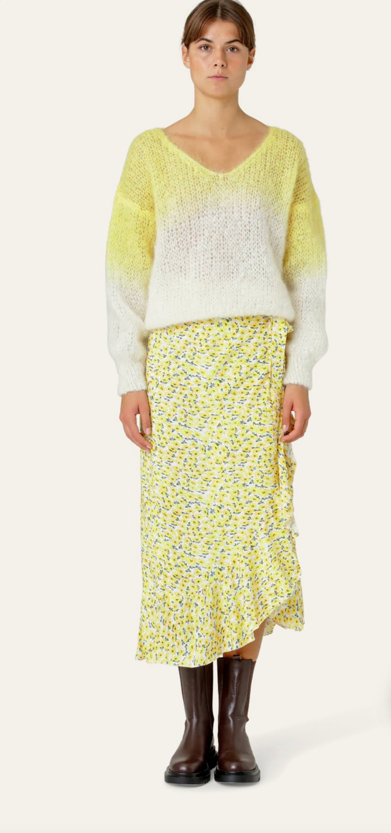 Two Tone Long Sleeve Mohair Knit Yellow and White mid styled with skirt front wide