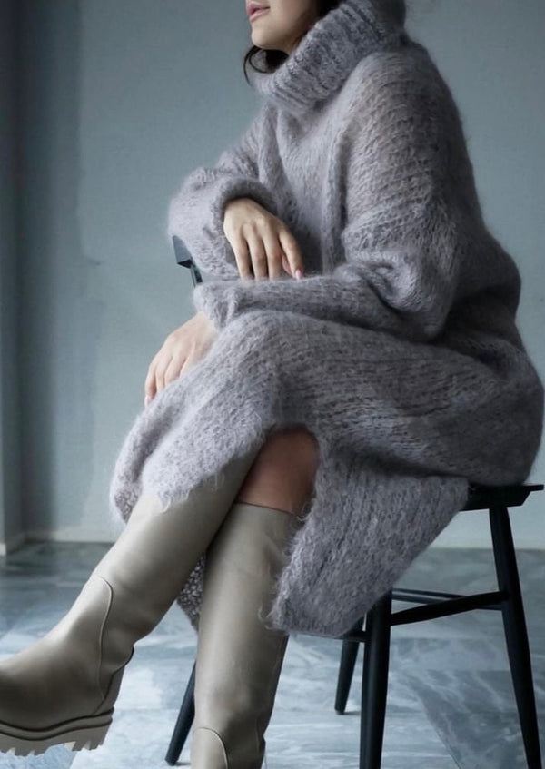 Grey knitted roll neck oversized midi long sleeve dress 