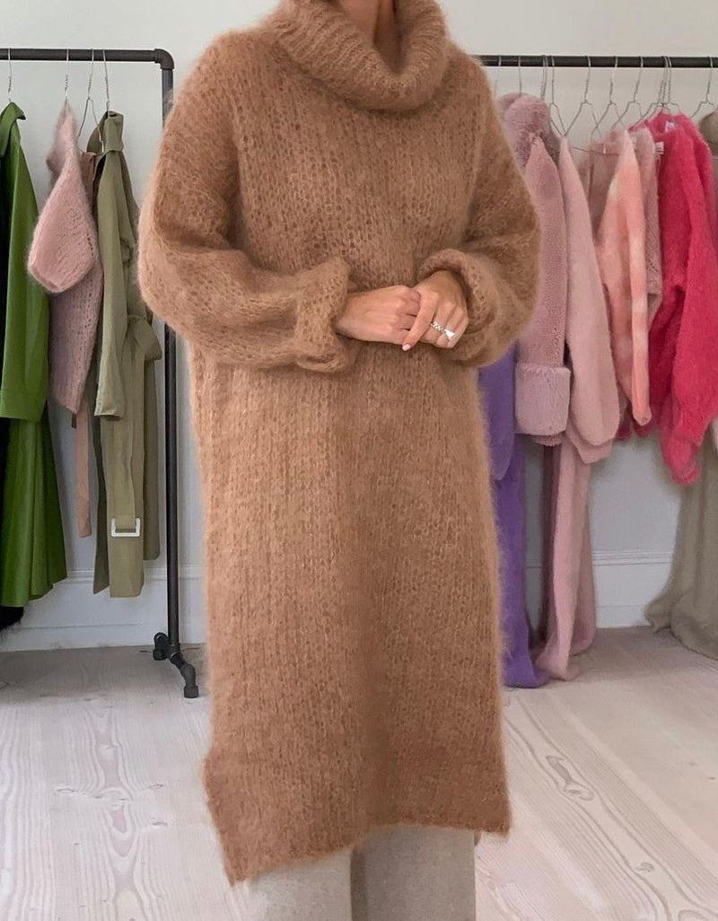 Brown knitted roll neck oversized midi long sleeve dress front full body in showroom