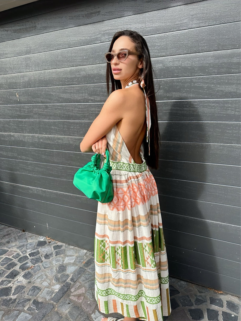 ZAKAR MAXI DRESS - METEORA FABRIC - GREEN/ORANGE