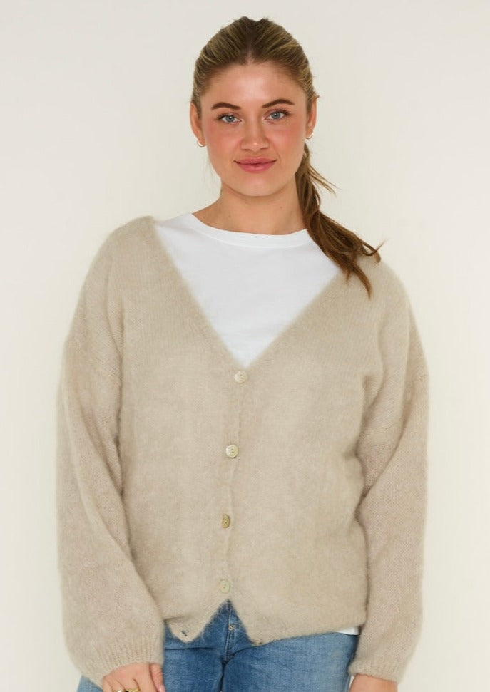 Beige Mohair Cardigan with mother of pearl buttons worn backwards front