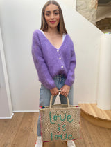 Lilac Mohair Cardigan with mother of pearl buttons worn front styled casual