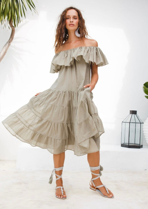 Off the shoulder ruffled midi dress in moss green front campaign