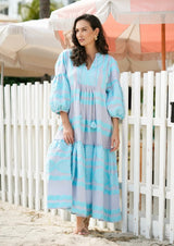 100% cotton long sleeve maxi dress in aqua front campaign