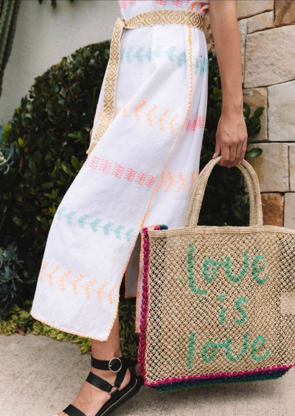 Large Jute Bag Love Is Love Aqua and pink styled