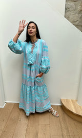 100% cotton long sleeve maxi dress in aqua front wide