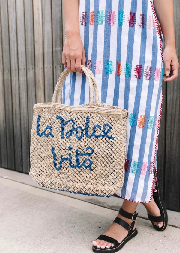 Small Jute Bag La Dolce Vita Cobalt front styled