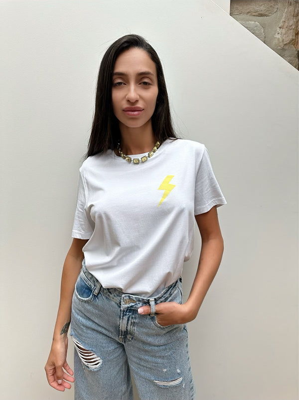 Yellow STACKABLE NECKLACE styled with white t-shirt front 2