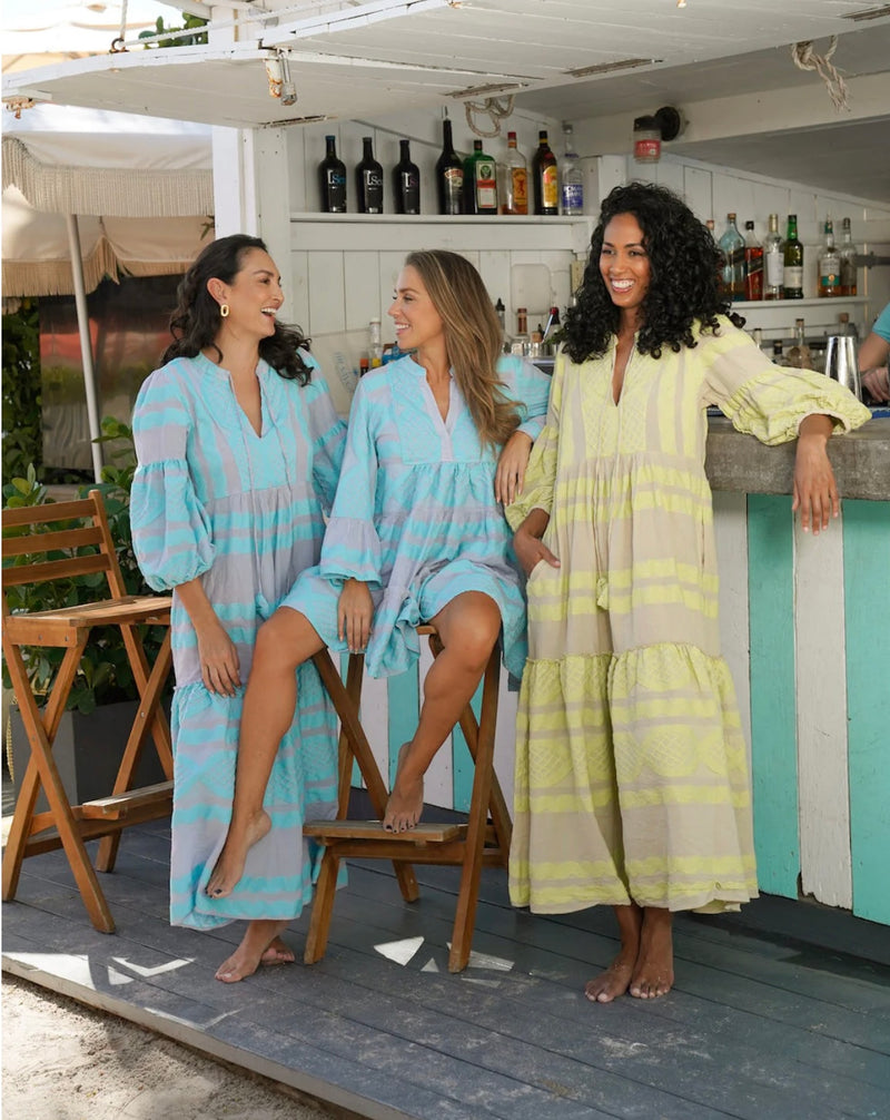 100% cotton long sleeve maxi dress in aqua front campaign multiple models wide