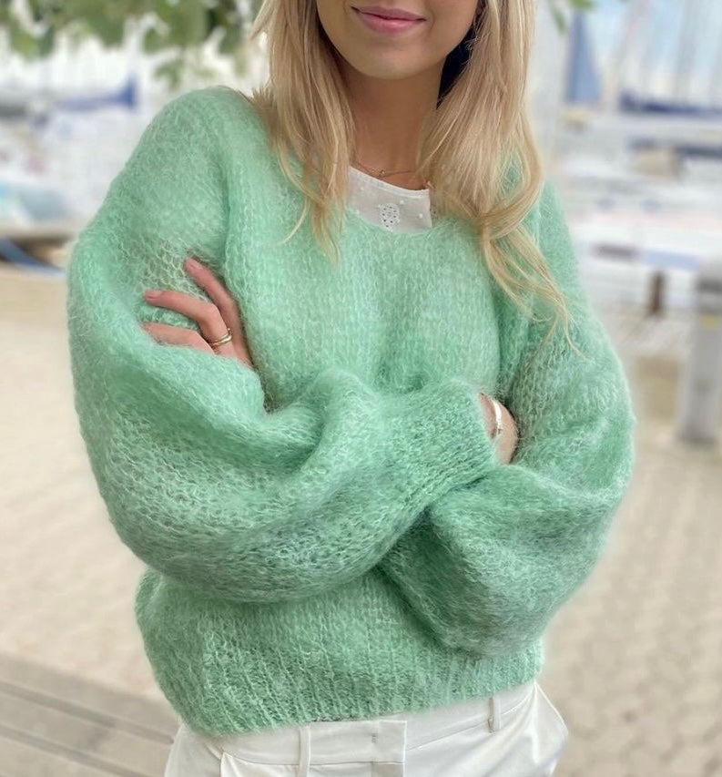 Long Sleeve Mohair Knit Light Green styled close up