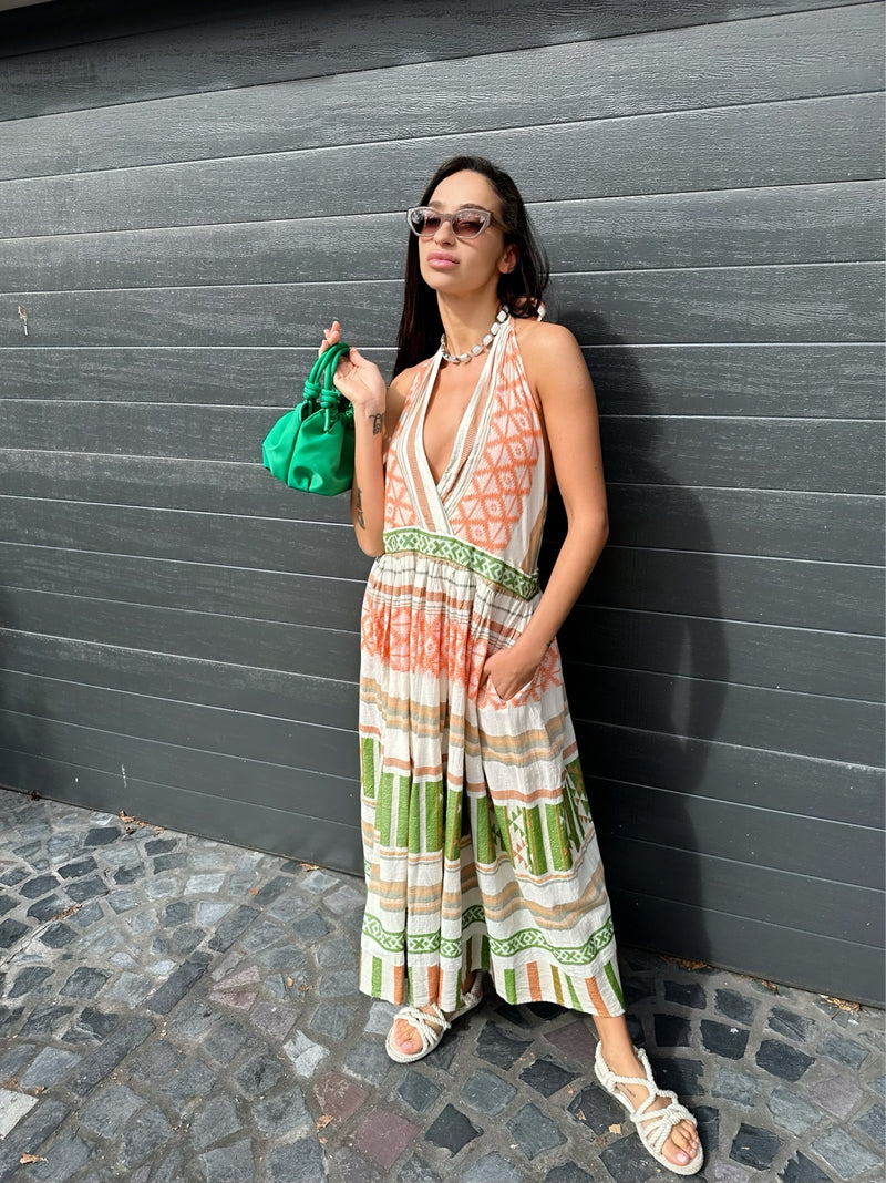 ZAKAR MAXI DRESS - METEORA FABRIC - GREEN/ORANGE